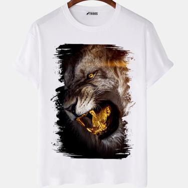 Imagem de Camiseta masculina Leão Dourado Animais Fundo Preto Camisa Blusa Branca Estampada