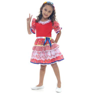 Imagem de Fantasia Caipira Chic Vermelha Vestido Infantil com Tiara - Festa Junina
 G