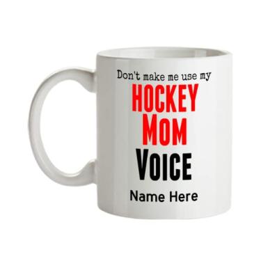 Imagem de Caneca personalizada para mamãe de hóquei, Don't Make Me Use My Hockey Mom Voice, Caneca de café para mães de hóquei, presente para mães de hóquei, ideia de presente de aniversário de mamãe de hóquei com nome personalizado