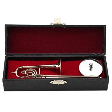 Imagem de Trombon Miniatura Trombone Ornamento Miniatura Instrumento Musical Trombone Modelo com Supoort e Estojo para Decoração de Sala de Música de Casa de Bonecas