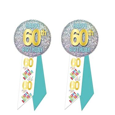 Imagem de Beistle 2 peças Happy 60th Birthday Button pins Wearable Rosettes para lembrancinhas de festa comemorativas, 14 x 5 cm, multicolorido