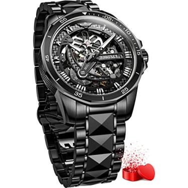 Imagem de OLEVS Relógios masculinos automáticos masculinos esqueleto mecânico, luxuoso, preto, prata, impermeável, luminoso, cristal de safira, pulseira preta e mostrador preto, Relógio esqueleto, mecânico