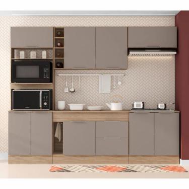 Imagem de Cozinha Compacta 9 portas 2 gavetas com balcão tampo Ferrara da Poliman Móveis carvalho oak/fumê