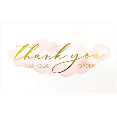 Imagem de Gooji Pacote com 100, 2 x 8,5 cm (tamanho de um cartão de visita) folha dourada rosa aquarela cartões de agradecimento pelo seu pedido para pedidos de pequenas empresas