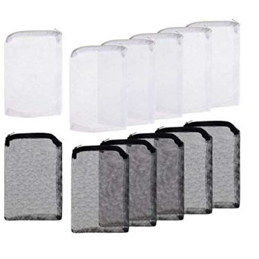 Imagem de luzen 12 peças sacos de filtro de aquário sacos de filtro de mídia de malha de tanque de peixes sacos de filtro de carbono saco de rede com zíper para carvão peletizado remover carbono ativado, bioferas, anéis de cerâmica, preto e branco