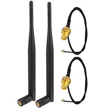Imagem de Kaunosta Roteador WiFi de alto ganho 6dbi Antena omnidirecional universal e cabo de extensão RP-SMA macho para fêmea de 5 cm para roteador de rede sem fio, cartão PCI/PCIe, adaptador USB, câmera IP (pacote com 2)