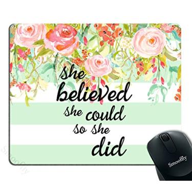 Imagem de Mouse pad gamer personalizado Smooffly, "Ela acreditava que podia" com listras de menta - Mousepad de neoprene com citação inspiradora