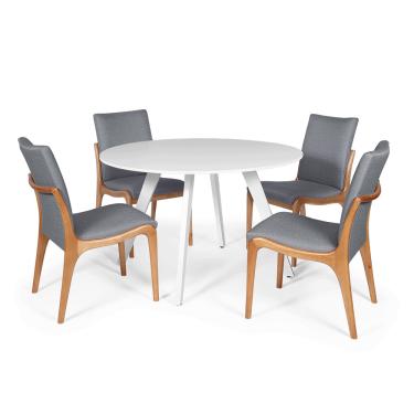 Imagem de Conjunto Mesa de Jantar Redonda Júlia 120cm Branca com 4 Cadeiras Estofada em Madeira Garbo Cinza Escuro