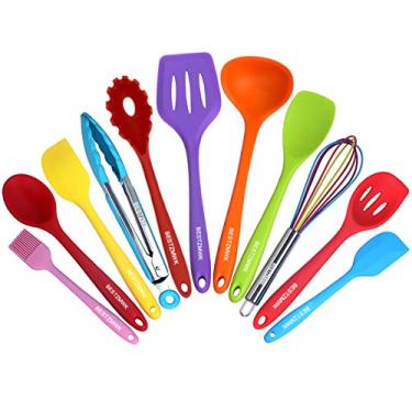 Imagem de Conjunto de utensílios de cozinha – 11 utensílios de cozinha – Utensílios de cozinha coloridos de silicone – Conjunto de panelas antiaderentes com espátula – Melhores utensílios de cozinha coloridos