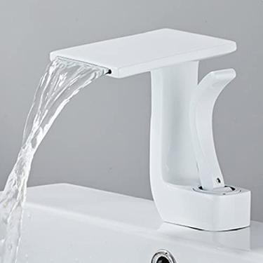 Imagem de Torneira de lavatório para pia de banheiro Cachoeira quadrada Misturador de água quente e fria Torneira para lavatório de guindaste de bronze Torneira de alça única, branca