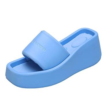 Imagem de Sandálias femininas de verão cor lisa sem cadarço casual bico aberto anabela bico quadrado sapatos salto anabela sandálias para mulheres bege, Azul, 7