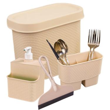 Imagem de Kit para Pia Lixeira 3,3 litros, escorredor de talheres, conjunto porta detergente/esponja 500ml e rodinho Tear Plasutil
