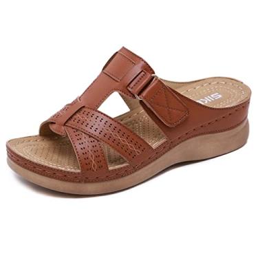 Imagem de Sandálias para mulheres senhoras verão novo verão clássico couro costurado anabela sandálias femininas moda sandálias femininas (marrom, 8)