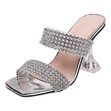 Imagem de Sandálias de salto para mulheres comércio exterior moda verão copo de vinho salto chinelos sapatos femininos diamante quadrado cabeça alta (prata, 35)