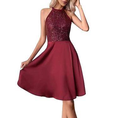 Imagem de UIFLQXX Vestido de coquetel para mulheres 2023 cor sólida lantejoulas patchwork sem mangas vestido sexy vestido de casamento outono maxi, Vermelho, P