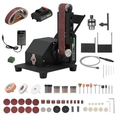 Imagem de SZITW Mini lixadeira de correia 250W Máquina de lixar elétrica de bancada Máquina de lixar pequeno afiador de moedor Máquina polidora com 10 correias de lixa para marcenaria DIY Fazer joias de resina