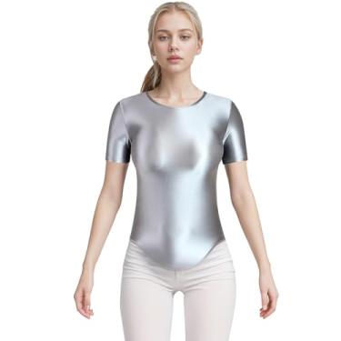 Imagem de XCKNY Camiseta de cetim brilhante de seda oleosa manga curta curva camiseta lisa justa, Prata., 3G