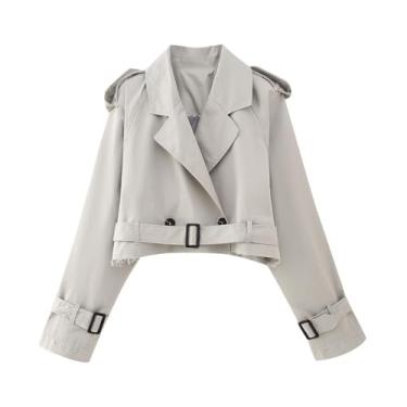 Imagem de Ruixinxue Casaco curto feminino moderno trench coat leve slim fit casaco curto casaco outono com cinto, Cinza, G