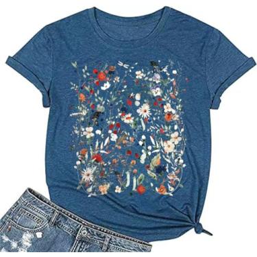 Imagem de Camiseta feminina vintage floral casual boho estampa floral girassol flores silvestres camisetas para meninas, 3-b-azul, XXG