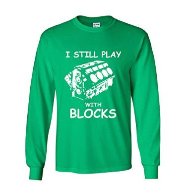 Imagem de Camiseta divertida de manga comprida I Still Play with Blocks Mecânico de carro, Verde, XXG