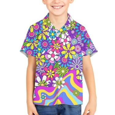 Imagem de Camisetas havaianas com botões de botão para verão unissex infantil manga curta camisa social 3-16 anos Tropical Aloha Shirts, Flor hippie roxa, 13-14 Years