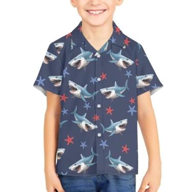 Imagem de Camisetas havaianas com botões de botão para verão unissex infantil manga curta camisa social 3-16 anos Tropical Aloha Shirts, Estrela-do-mar tubarão, 15-16 Years
