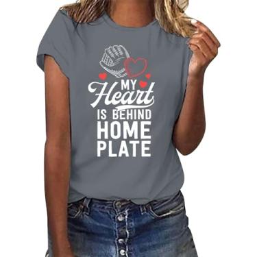 Imagem de Camiseta PKDong Baseball Mom My Heart is Behind Home Plate Letter Printed Shirts Manga Curta Gola Redonda Casual Verão Camisetas Tops, Cinza, P