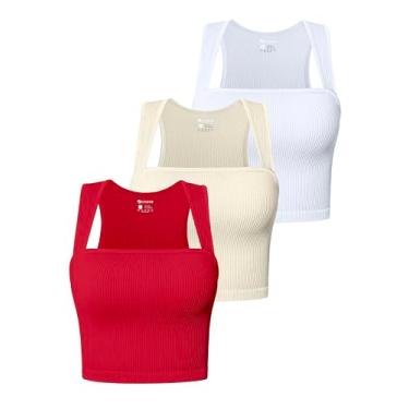 Imagem de OQQ Camiseta regata feminina de 3 peças, sem mangas, com tiras e gola quadrada, Vermelho, bege, branco, GG