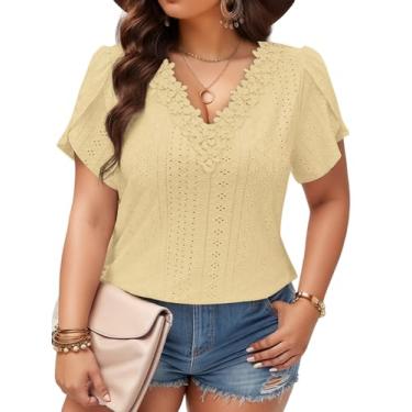 Imagem de ROSRISS Camisetas femininas plus size pétalas de verão manga curta renda floral gola V, 05_Amarelo, 5G