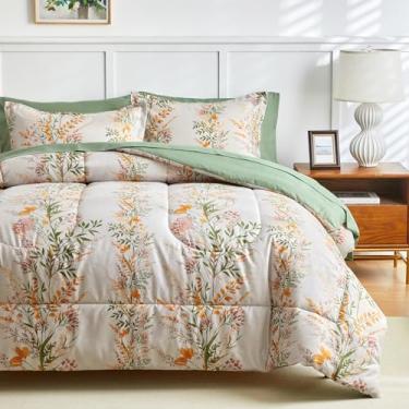 Imagem de Joyreap Jogo de cama queen com edredom floral, 7 peças, design verde bontânico, 1 edredom, 2 fronhas, 1 lençol de cima, 1 lençol com elástico, 2 fronhas