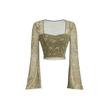 Imagem de Floerns Camisetas femininas com estampa floral, manga flare, acabamento em renda, malha cropped, Verde multi, G