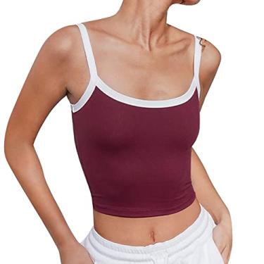 Imagem de Camiseta regata feminina de verão sem mangas, alças finas, sexy, cropped color block, camiseta para sair, Vermelho, M
