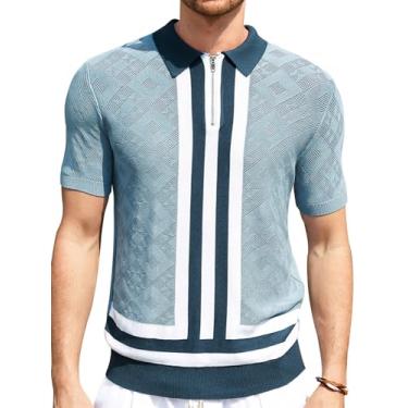 Imagem de GRACE KARIN Camisas polo masculinas de malha de manga curta vintage listradas para golfe masculinas, Azul, XXG