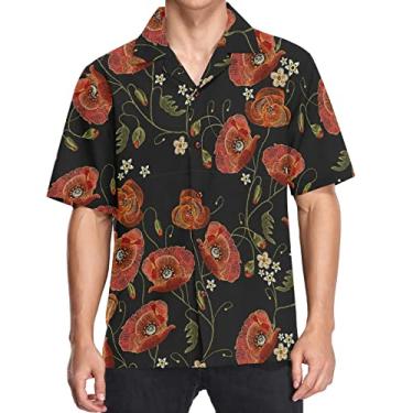 Imagem de visesunny Camisa masculina casual de botão manga curta havaiana bordada vermelha Poppy Aloha, Multicolorido, P
