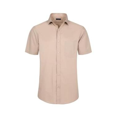 Imagem de Double Pump Camisas sociais masculinas de manga curta com ajuste regular, camisas casuais de negócios sólidas, Cáqui 325, G