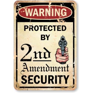 Imagem de SmartSign Placa de metal engraçada de 25,4 x 17,8 cm "Warning - Protected By 2nd Amendment Security" com gráfico de arma, alumínio laminado à prova de ferrugem de 40 mm, retrô/vintage, multicolorido