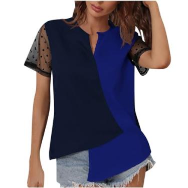 Imagem de Camisetas femininas com gola V para mulheres, renda, manga curta, cor bloco, caimento solto, longa, verão, outono, 2024, P-729 Azul royal, XG
