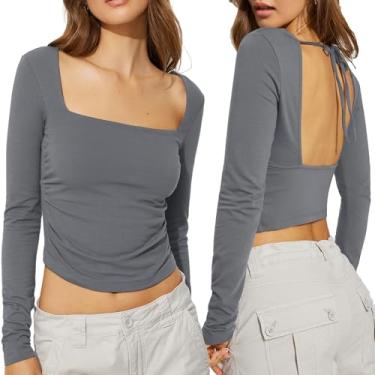 Imagem de Selene Camiseta feminina Y2K de manga comprida sexy frente única gola quadrada com laço nas costas slim fit, Cinza, M