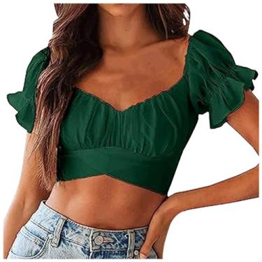 Imagem de Lainuyoah Camisetas femininas modernas cropped sexy 2024 primavera camisetas de trabalho manga bufante crop top tie up off shoulder shirt, Verde A, M