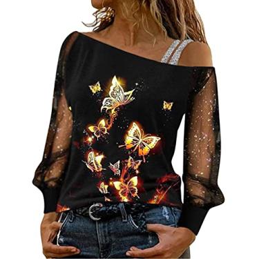 Imagem de Aniywn Camiseta feminina de manga comprida com ombro de fora e lantejoulas de malha com glitter, blusa de festa, clube, blusa Y2K, A11-vermelho, M