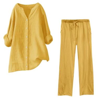 Imagem de Lainuyoah Conjunto de duas peças para mulheres, camisa de algodão e linho, gola V e calça de cintura elástica, conjunto de agasalho liso, A - amarelo, X-Large