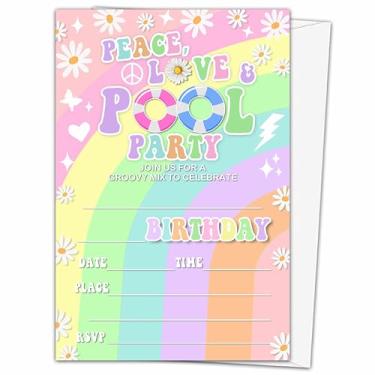 Imagem de Convite de aniversário de piscina Peace Love 20 Daisy Groovy Convite de aniversário de 13 anos convite de festa arco-íris suprimentos com decorações de envelopes (10 × 15 cm) - B25