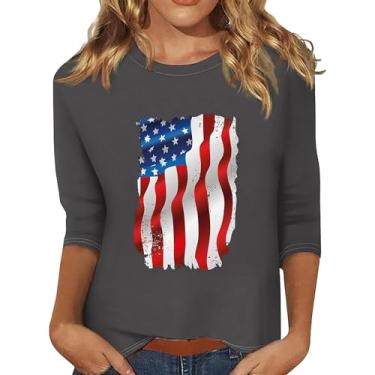 Imagem de Camiseta feminina com bandeira dos EUA Memorial Day, 4 de julho, camiseta patriótica, manga 3/4, camiseta de verão com gola redonda, Cinza, G