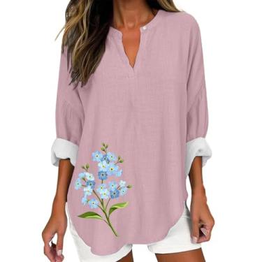 Imagem de Camiseta feminina de linho, estampa floral, manga comprida, gola V, casual, grande, elegante, elegante, rosa, 5XG