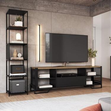 Imagem de Sala de Estar Completa com 2 Itens Rack Tv 60 Polegadas Telado e Estante Alta Telada Preto