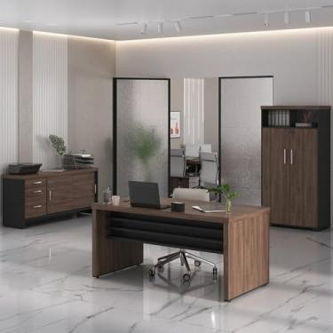 Imagem de Kit 3 Peças com Mesa para Escritório Diretor em Tamburato 1600, Armário com Nicho e Balcão com Gavetas Charuto/Preto