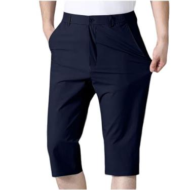 Imagem de Calça cargo masculina cropped com bolsos, calça cargo folgada, leve, calça de praia, verão, ao ar livre, Azul marino, 4G