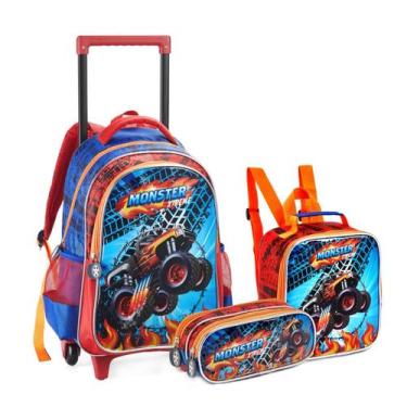 Imagem de Kit Escolar Mochila Rodinha Meninos Corrida Velozes Denlex