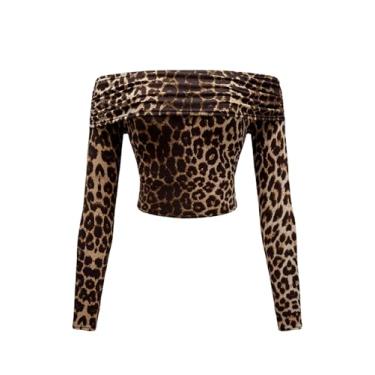 Imagem de MakeMeChic Camiseta feminina de manga comprida franzida com ombro de fora leopardo Y2K, Marrom, PP