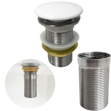 Imagem de Dona D Cor, Valvula Click 1 1/4 Cerâmica Branca Com Prolongador 14cm Aço Inox Para Cuba De Apoio Sobrepor Ralo De Pia Escoamento Válvula Longa Lavatório Extensor